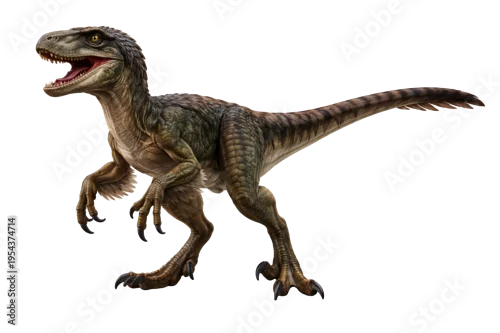 Obraz Realistic Velociraptor Dinosaur Full Body Isolated on Transparent Background, Fierce Prehistoric Predator with Open Mouth and Sharp Teeth, Detailed Jurassic Reptile PNG Transparent Background