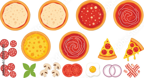 Pizza Ingredients and Toppings Vector Illustration Set Featuring Dough Bases, Cheese, Pepperoni, Mushrooms, Tomato Sauce, Bacon, Onion, and Fresh Herbs for Food Design