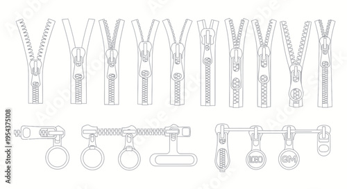 Collection of Zipper Designs: Open, Closed, and Components