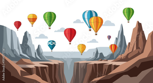 Colorful hot air balloons flying over a grand canyon landscape