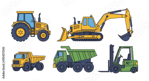 Construction vehicles set: tractor, excavator, bulldozer, dump truck, forklift