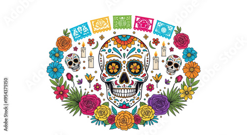 Day of the Dead Sugar Skull with Flowers and Candles, Dia de Muertos Celebration