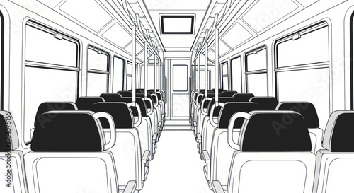Empty Train Interior, Passenger Seats, Public Transport, Line Art Illustration