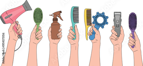 Pet Grooming Tools in Hands Vector Illustration Set Featuring Hair Dryer, Brushes, Comb, Clippers, and Accessories for Dog and Cat Care Design