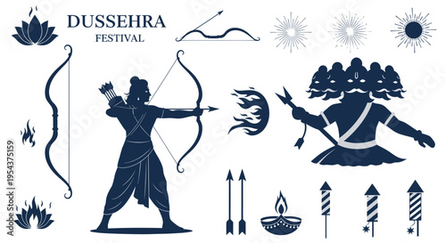 Dussehra Festival Vector Icons: Rama, Ravana, Bow, Arrow, Diyas, Fireworks