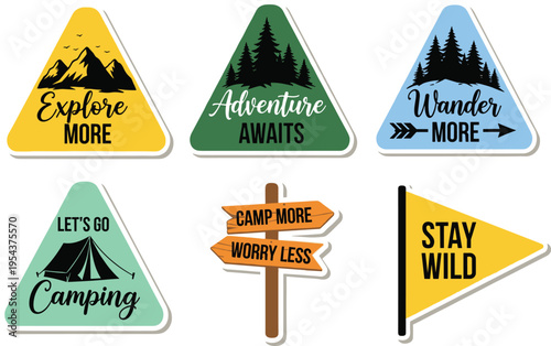 Colorful camping sticker set with motivational outdoor phrases including explore, adventure, wander, camping, stay wild, camp more, worry less designs