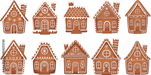 Gingerbread House Vector Set with Christmas Cookie Homes Decorated with Icing Details for Holiday Baking, Festive Winter Design, and Seasonal Illustration