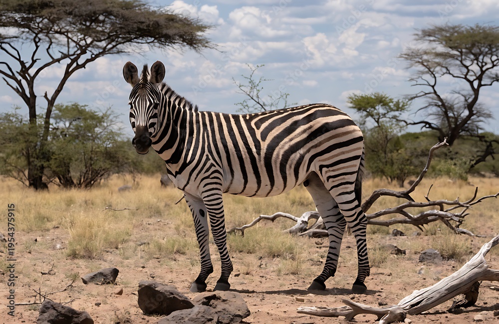 Fototapeta premium Wild Zebra standing alone in savannah landscape with trees high resolution photo