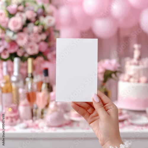 Blank white menu card mockup held at coquette birthday party