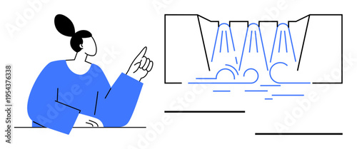 Engineering, hydropower, water management, environmental education, sustainability, renewable resources. Woman pointing towards flowing water, schematic style. Engineering and hydropower focus