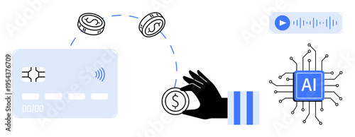 Artificial intelligence, digital payments, financial technology, transaction security, automation, and cashless systems. Credit card, coins AI chip. Digital payments and AI in finance concept