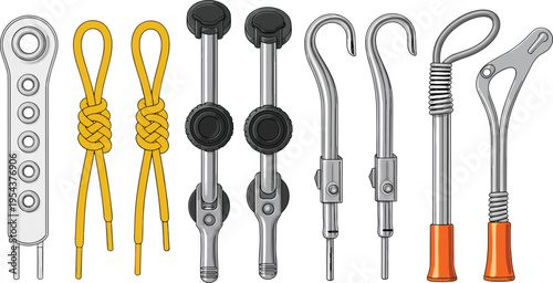 Set of camping tent accessories with tensioners hooks and elastic cords detailed outdoor equipment vector illustration isolated on light background