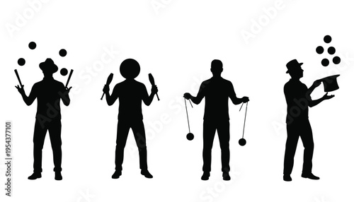 A juggler silhouette illustration set of four different poses and tricks