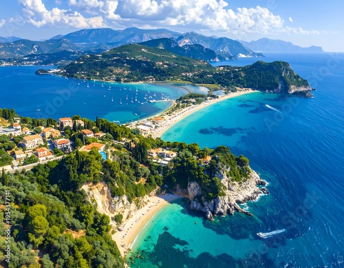 Wallpaper Mural Aerial view captures a sun-kissed coastal paradise with turquoise waters, lush green vegetation, and distant mountain ranges Torontodigital.ca