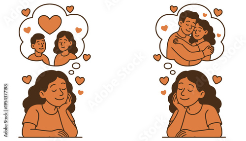 A woman daydreaming about romantic love relationships and happy couples