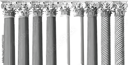 Set of ornate Corinthian columns with fluted and twisted shafts classical architectural vector illustration isolated on light background for decorative design use
