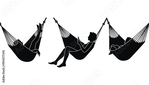 Hammock silhouette vector illustration of people relaxing in hammocks