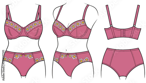 Lingerie set with pink bra and panties floral illustration
