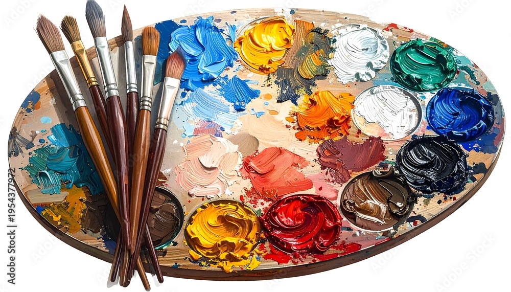 Obraz premium A wooden, oval palette features an array of vibrant paint colors, surrounded by various paintbrushes. Artistic tools are ready for use