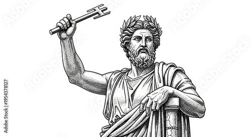Ancient Greek Statue of Zeus with Thunderbolt, Laurel Wreath, Black and White