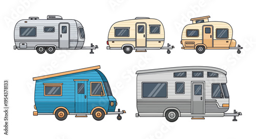 Collection of Diverse Campers and Caravans, Recreational Vehicles Illustration