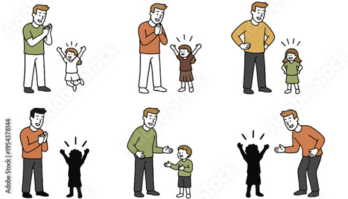 Father cartoon illustration with happy children in various playful scenes