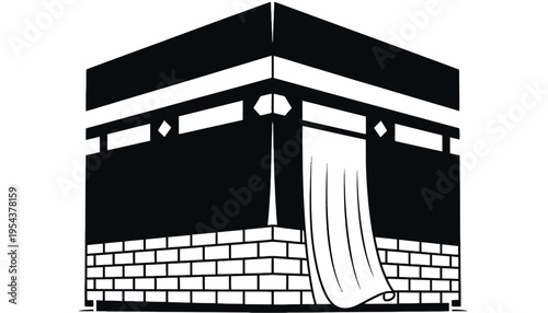 Kaaba sacred cube illustration in black and white with curtain