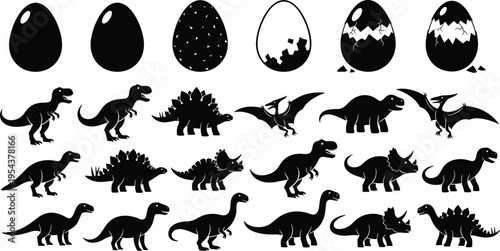 Black Dinosaur Silhouette Icon Set Featuring T-Rex Triceratops Stegosaurus Brachiosaurus and Pterodactyl with Hatching Dino Eggs for Prehistoric Education Graphic Design
