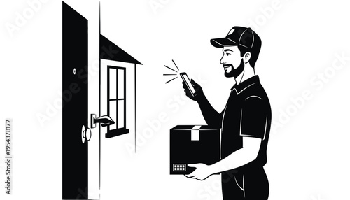 A delivery man holding a package and using his smartphone to scan a code at a house door for secure delivery