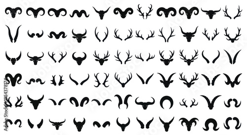 Collection of Animal Horns and Antlers Silhouettes, Vector Set
