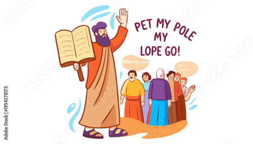 Moses vector illustration with people and a biblical quote in a cartoon style