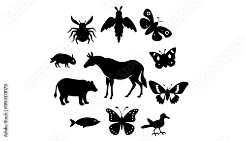 Animal silhouettes including insects and wildlife on white background