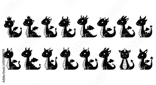 Black Silhouette Collection of Cute Christmas Elf Characters with Gift Box for Holiday Season Celebration Winter Festive Design and Illustration