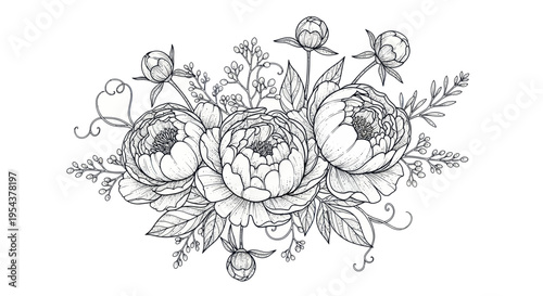 Elegant Peony Flower Bouquet Sketch - Delicate Botanical Line Art