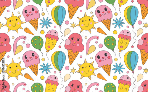 A colorful pattern of cartoon ice cream cones and smiling suns on a white background