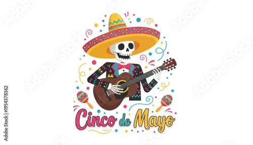Cinco de Mayo Festive Skeleton Playing Guitar in Sombrero for Vibrant Mexican Holiday Celebration Vector