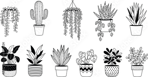 Black and white illustration of ten decorative potted plants with unique leaf shapes and pot patterns, symbolizing botanical design, home decoration, gardening, and creative artwork projects