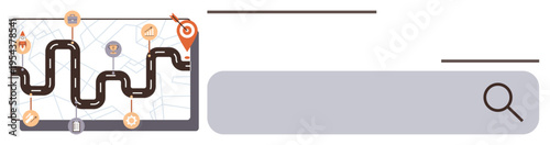 Travel planning, navigation tools, map integration, route optimization, local exploration, GPS technology. Road map with route markers and search bar. Navigation tools and GPS technology concept