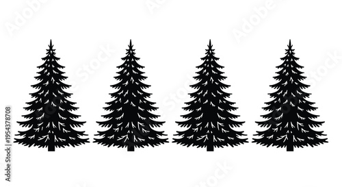 Black Silhouette Collection of Four Pine Trees for Christmas Holiday Decoration Winter Forest Nature Landscape Design and Seasonal Greeting Card Illustration