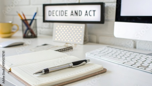 Bright and Modern Workspace with Notebook, Pen, Computer, and Inspirational Sign for Creativity and Productivity Boost