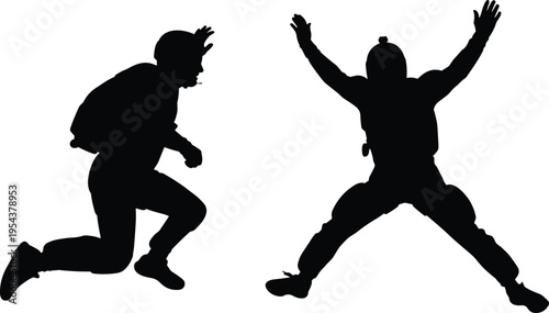 Black silhouette of two skydivers jumping in freefall against white background representing extreme sports adventure freedom adrenaline and outdoor skydiving activities