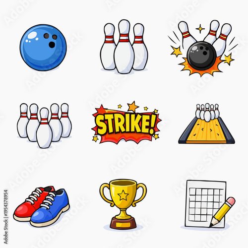 Bowling game icon set with ball pins strike shoes trophy lane and score sheet isolated on light background playful sports clipart collection for posters apps stickers education and party design