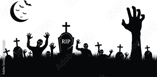 Black silhouette illustration of haunted graveyard with tombstones, zombies, bats, crescent moon, and eerie atmosphere, artwork concept for Halloween, horror, supernatural, scary themes, 