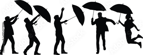 People with umbrellas silhouettes set, walking and jumping poses, rainy weather concept, isolated vector collection, lifestyle activity illustration design