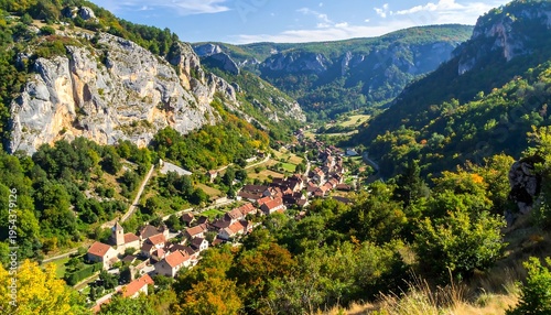 Wallpaper Mural Aerial view captures a valley town nestled between towering cliffs, embraced by lush green trees under a vibrant sky Torontodigital.ca