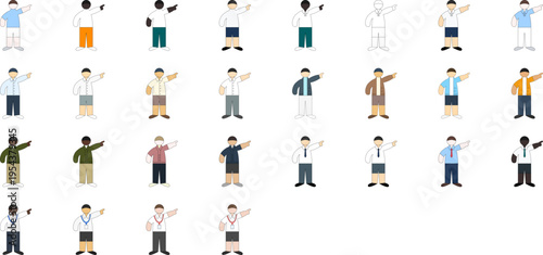 Collection of diverse men pointing finger to the side in various outfits, casual and business attire