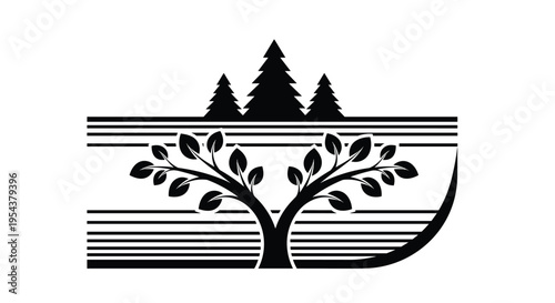 Black silhouette logo design featuring a leafy deciduous tree in front of a pine forest and horizontal lines on white.
