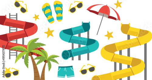 Water Park Elements Collection with Slides Umbrella Sunglasses Palm Trees and Summer Vacation Accessories Fun Flat Vector Illustration