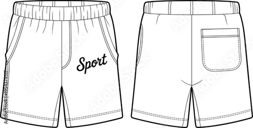 Minimalist sport shorts technical drawing, front and back view, casual athletic apparel design, vector outline, fashion template, comfortable summer wear