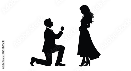 Black Silhouette of Man Kneeling Proposing to Woman with Engagement Ring Isolated on White Background for Marriage Love and Romance Concepts